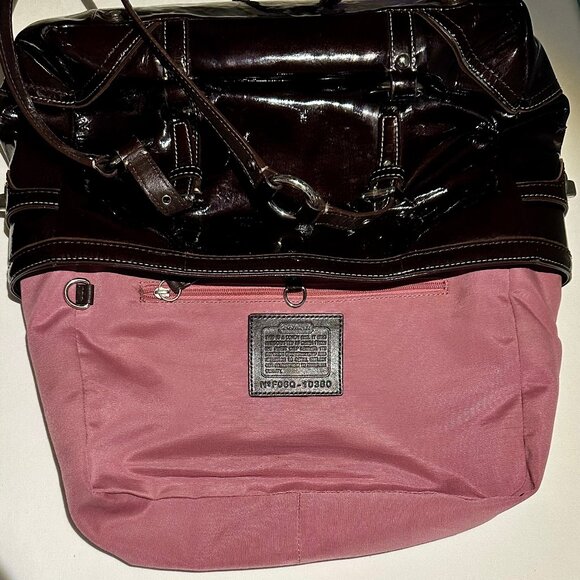 COACH East West Gallery Tote Patent Leather Brown Silver 10380 Clip Closure Tag - Picture 12 of 16